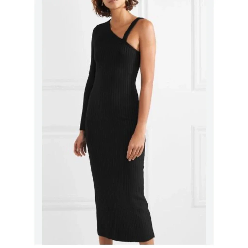 One Shoulder Dress Long Sleeve Ribbed Knit Bodycon‎ Midi Dress - Picture 2 of 9